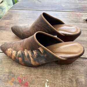 Icon wearable art Hand-Painted Brown Leather Mule Slides with Horse Motif
